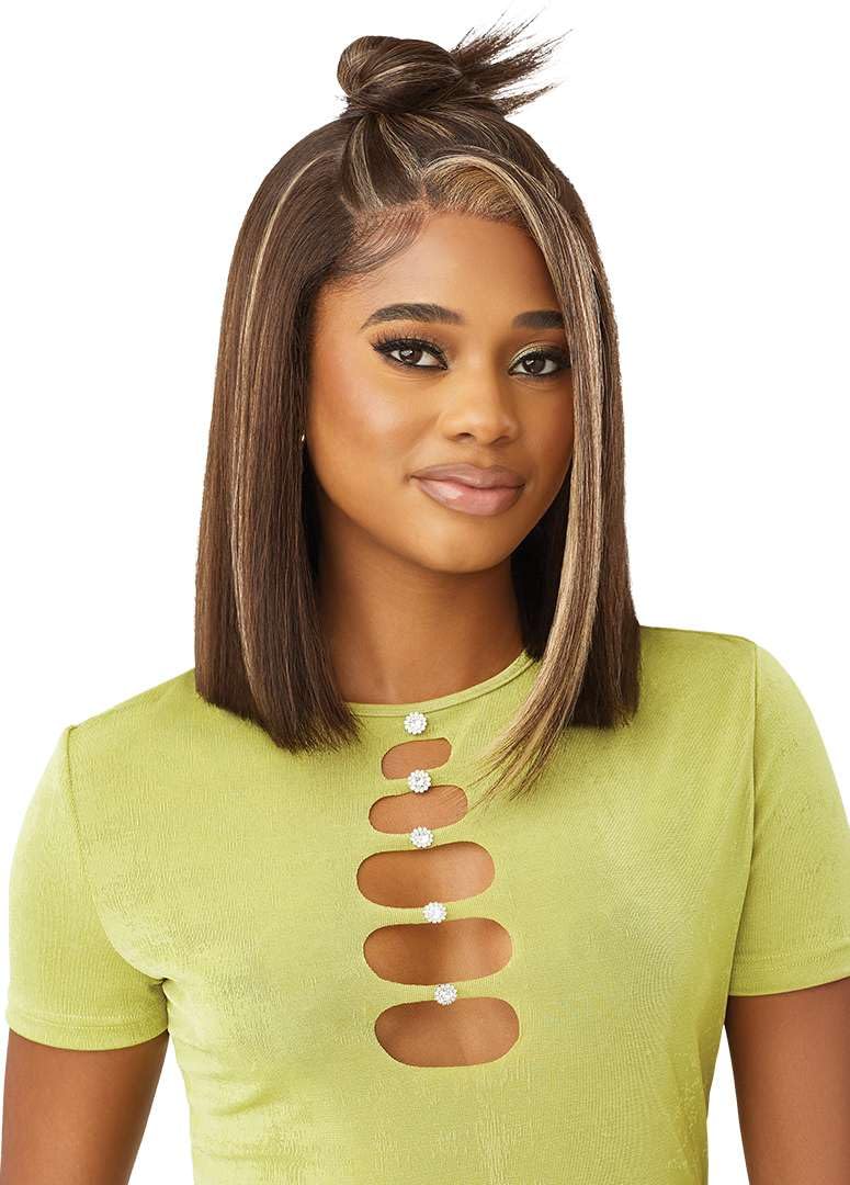 Outre 6X5 Pre-Cut Lace Closure Wig - Human Hair Blend - Yaki Straight Bob 14" (BLACK BERRY) - Image 5