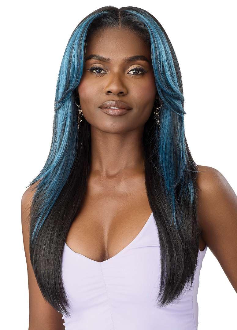 Outre Airtied 100% Fully Hand-Tied Wig - Human Hair Blend - Soft Yaki 24" (1B/DRFF JADE BLUE) - Image 3